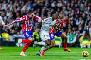 The Santiago Bernabéu Stadium hosting the UEFA Champions League 2025 round of 16 match between Real Madrid and Atlético Madrid, featuring a thrilling Madrid derby on 4 March.