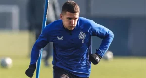 Christos Tzolis of Club Brugge during a training session on Monday, wearing the team's training kit and preparing for an upcoming UEFA Champions League match.