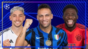 Elite football players from the strongest UEFA Champions League teams, showcasing skill and determination on the pitch, wearing official club jerseys.